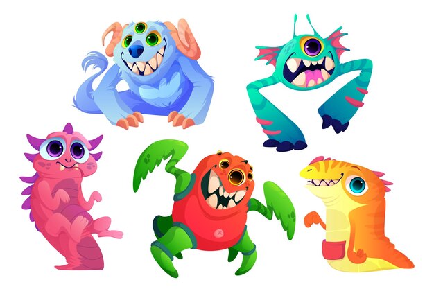 Conjunto de monstruos lindos, personajes vectoriales divertidos de dibujos animados