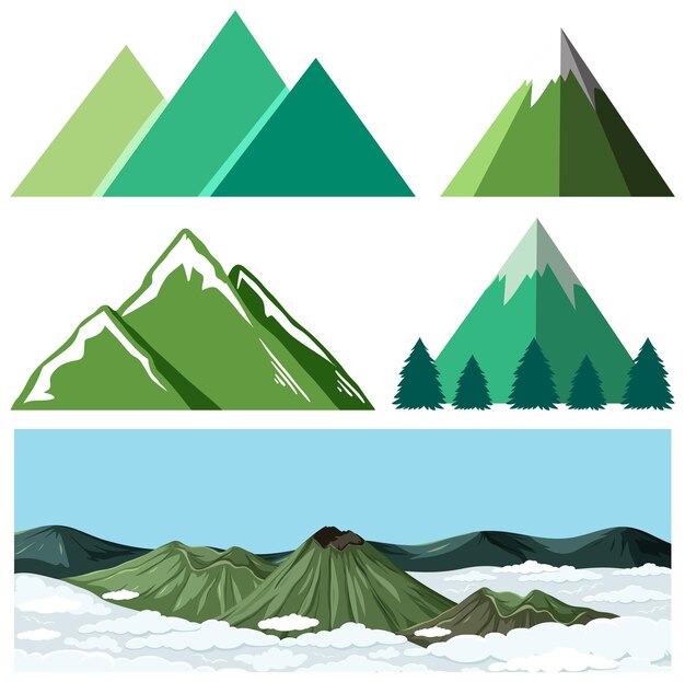 conjunto, de, montañas, en, diferente, estilo, icono