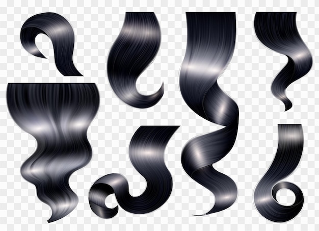 Vector gratuito conjunto de morena de cabello femenino realista de rizos negros aislados con manchas de luz en la ilustración de vector de fondo transparente