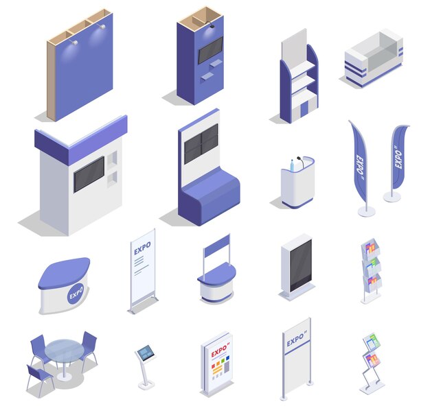 Conjunto de mostradores de exposición vacíos isométricos, estantes de pantalla para publicidad de productos aislados en ilustración de vector 3d de fondo blanco