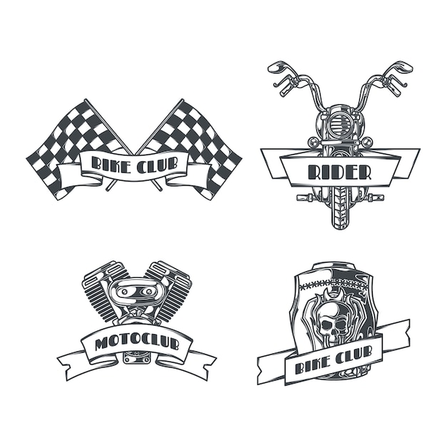 Conjunto de motoclub de emblemas monocromos aislados con texto editable e imágenes de cadenas, ruedas y casco