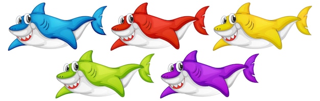 Conjunto de muchos personajes de dibujos animados de tiburón lindo sonriente aislado
