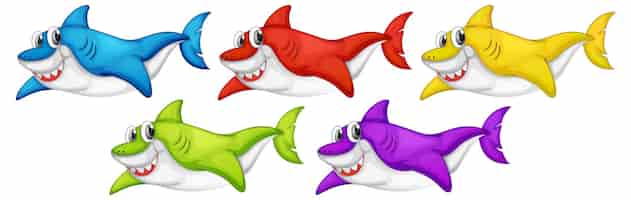Vector gratuito conjunto de muchos personajes de dibujos animados de tiburón lindo sonriente aislado