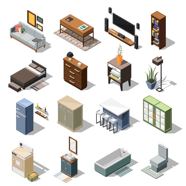 Conjunto de muebles de apartamento isométrico