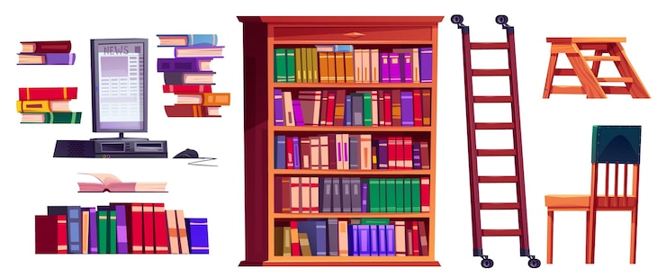 Vector gratuito conjunto de muebles de biblioteca aislados sobre un fondo blanco