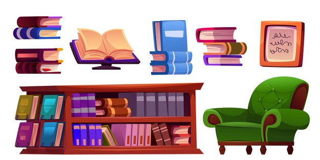 Conjunto de muebles de biblioteca aislados sobre un fondo blanco