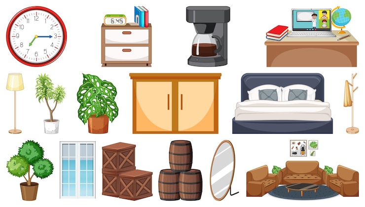 Vector gratuito conjunto de muebles y decoraciones interiores.
