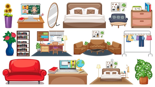 Vector gratuito conjunto de muebles y decoraciones interiores.