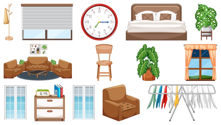 Vector gratuito conjunto de muebles y decoraciones interiores