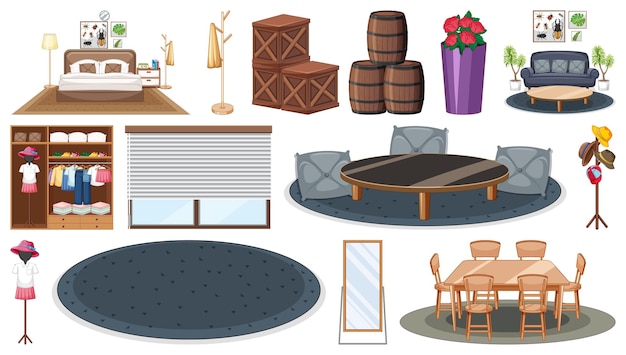 Vector gratuito conjunto de muebles y decoraciones interiores.