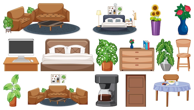 Vector gratuito conjunto de muebles y decoraciones interiores