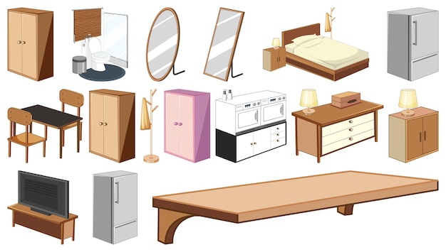 Vector gratuito conjunto de muebles y decoraciones interiores.