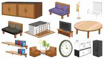 Vector gratuito conjunto de muebles y decoraciones interiores.