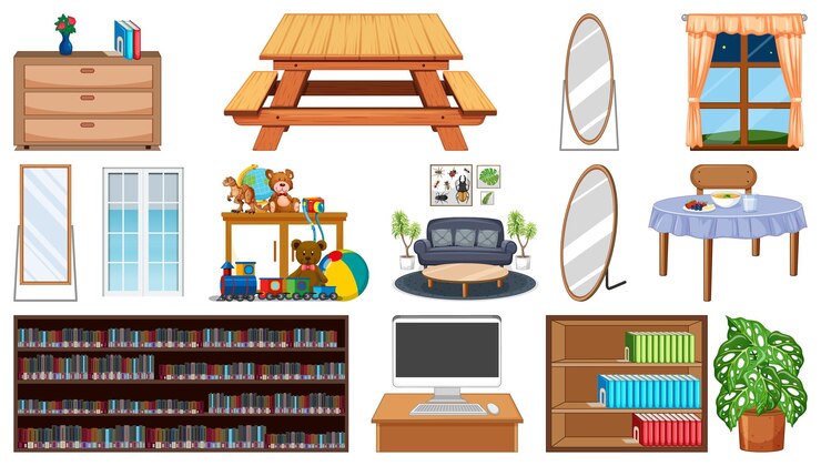Vector gratuito conjunto de muebles y decoraciones interiores