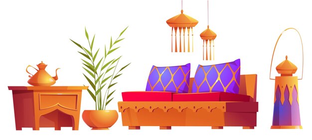 Conjunto de muebles de interior y cosas en estilo árabe, sofá con almohadas, linternas y planta en maceta con tetera en la mesa, elementos árabes orientales, ilustración vectorial de dibujos animados aislados, iconos, imágenes prediseñadas