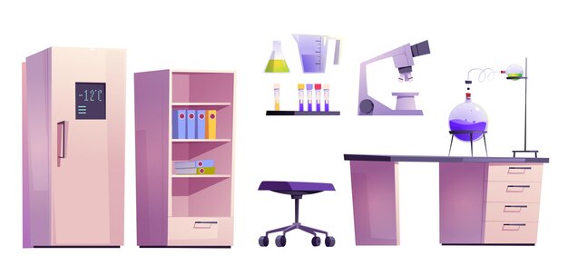 Conjunto de muebles de laboratorio químico para investigación científica.