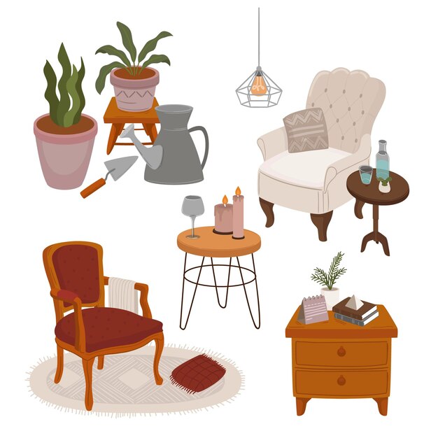 Vector gratuito conjunto de muebles de sala y elementos de jardín.