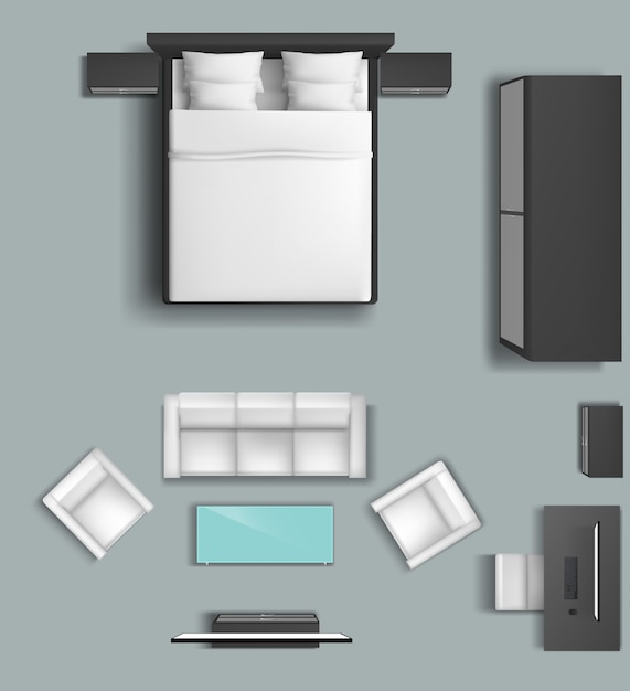 Vector gratuito conjunto de muebles de salón y dormitorio.