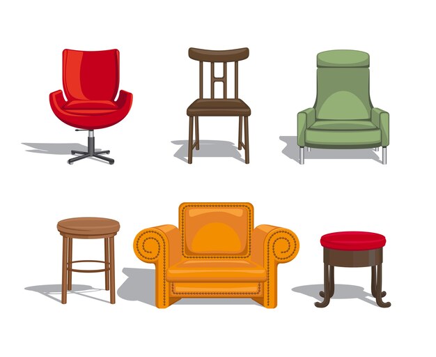 Conjunto de muebles para sentarse. Sillas, sillones, taburetes iconos. Ilustración vectorial
