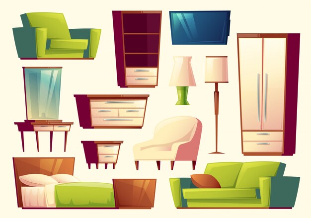 Conjunto de muebles - sofá, cama, armario, sillón, torchere, aparato de televisión, guardarropa