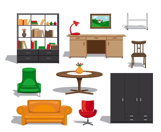Conjunto de muebles. Sofá y mesa, silla y librería y sillón.
