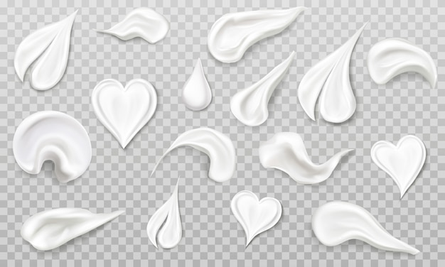 Vector gratuito conjunto de muestras de manchas de crema blanca. corazón, hoja, gota