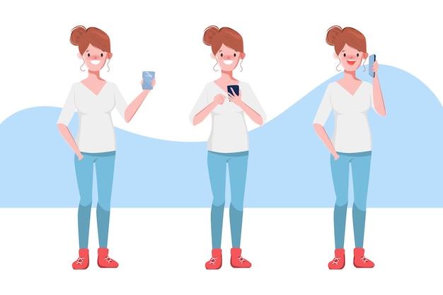 Conjunto de mujer comunicación en redes sociales con gadget diseño de personajes de dibujos animados planos