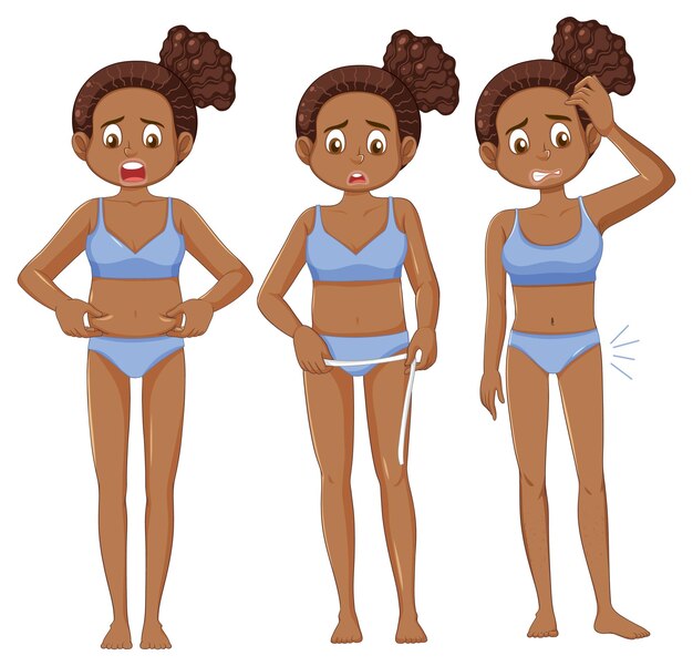 Conjunto de mujeres adolescentes preocupadas por el peso corporal