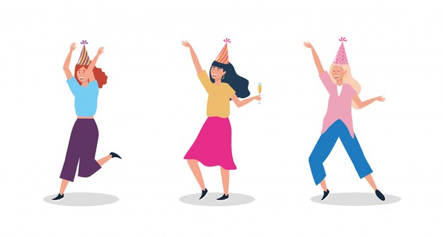 Conjunto de mujeres bailando con sombrero de fiesta.
