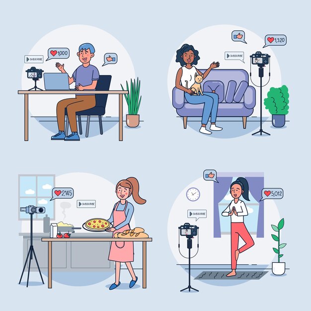 Conjunto de mujeres haciendo videos en casa.