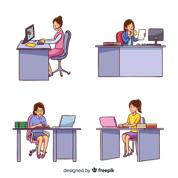 Conjunto de mujeres trabajadoras en escritorios