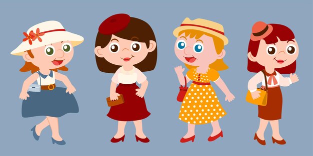Conjunto de mujeres usan ropa de moda retro caminar en la ciudad con diseño de vector de personaje de bolsa y sombrero. Presentación en varias acciones mostrando, caminando, de pie. Recurso gráfico para diseñador gráfico.