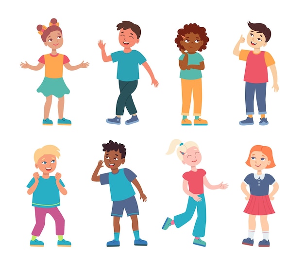 Vector gratuito conjunto multicultural de niños felices. ilustraciones vectoriales de diversos personajes jóvenes. dibujos animados de niños y niñas internacionales con diferentes disfraces aislados en blanco. jardín de infantes, infancia, concepto de etnicidad.