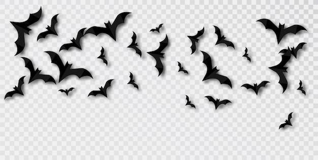 Conjunto de murciélagos de Halloween estilo papel negro en vector aislado sobre fondo transparente