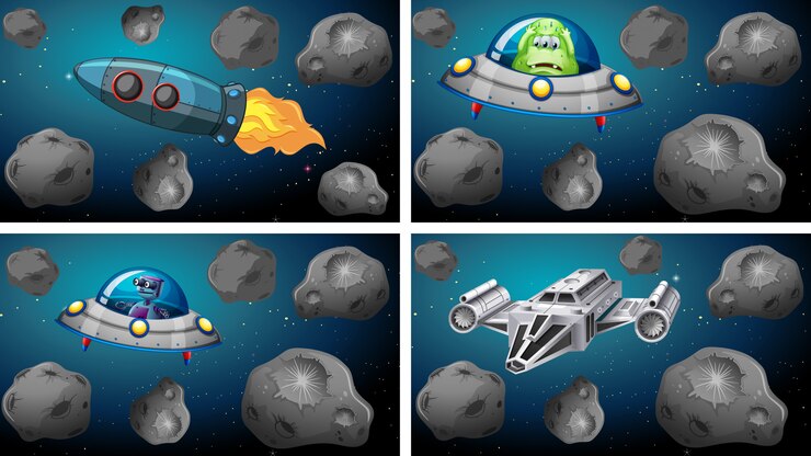 Vector gratuito conjunto de naves espaciales y asteroides.