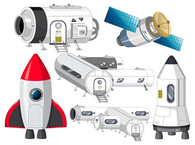 Conjunto de naves espaciales y objetos satelitales.