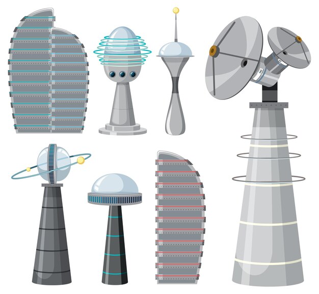 Conjunto de naves espaciales y objetos satelitales.