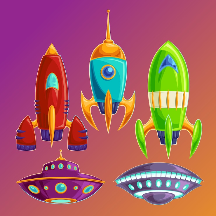 Vector gratuito conjunto de naves espaciales vectoriales divertidos y ovnis