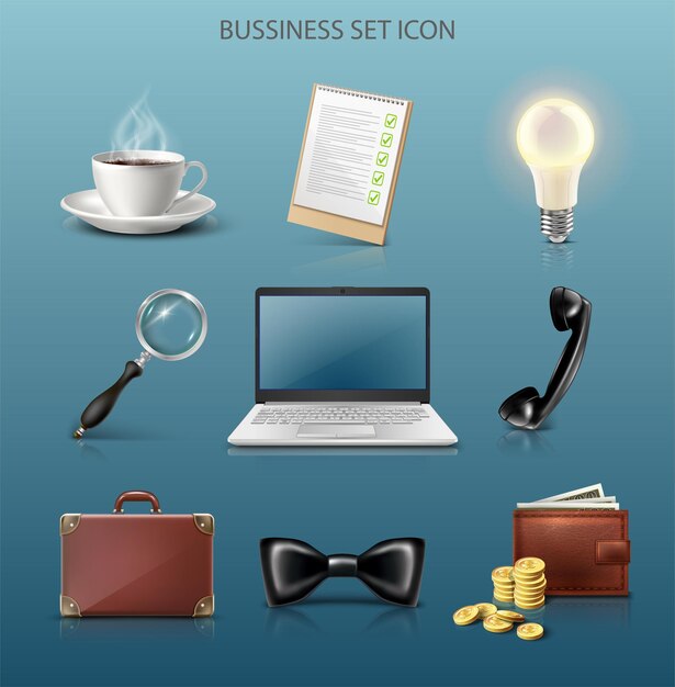 conjunto de negocios de iconos vectoriales Computadora teléfono lupa billetera corbata maletín idea de café