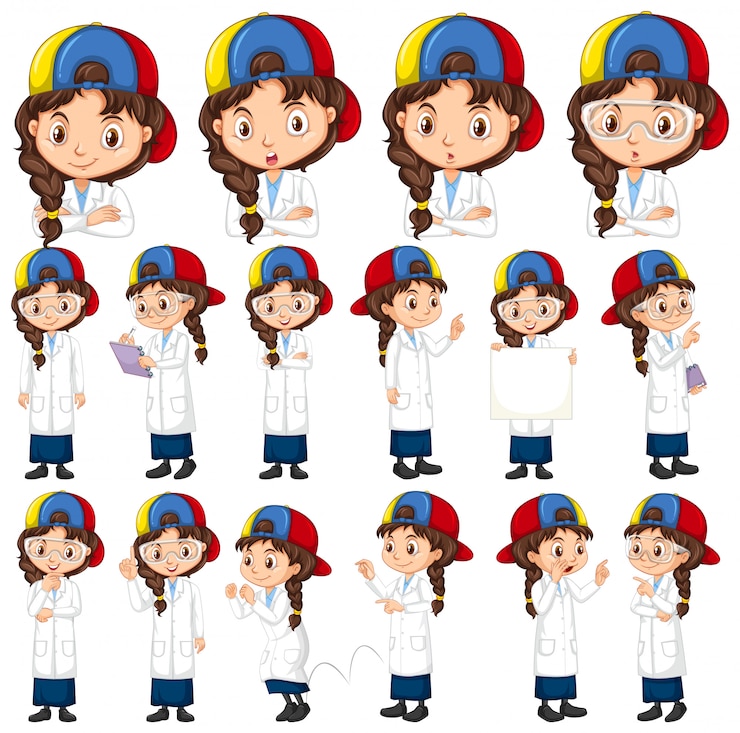Vector gratuito conjunto de niña en bata de ciencia haciendo diferentes poses