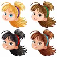 Vector gratuito conjunto, de, niña, caricatura, cabeza, diferente, pelo, color
