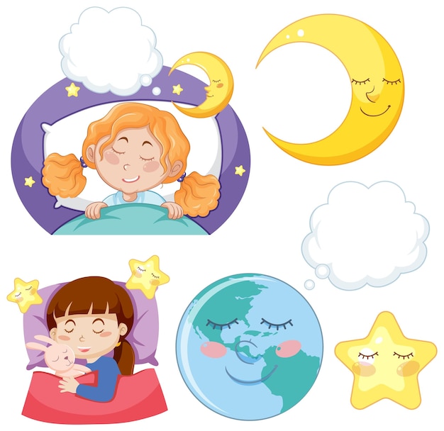 Vector gratuito conjunto de niña durmiendo bien por la noche