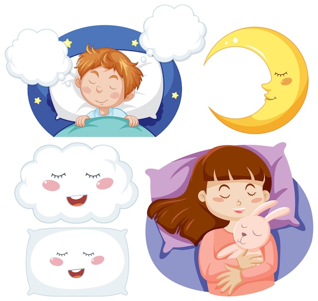 Vector gratuito conjunto de niña durmiendo bien por la noche