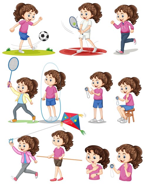 Conjunto de niña haciendo diferentes tipos de deportes.