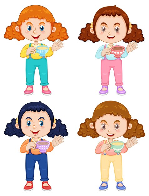 Conjunto de niña sosteniendo una taza de té