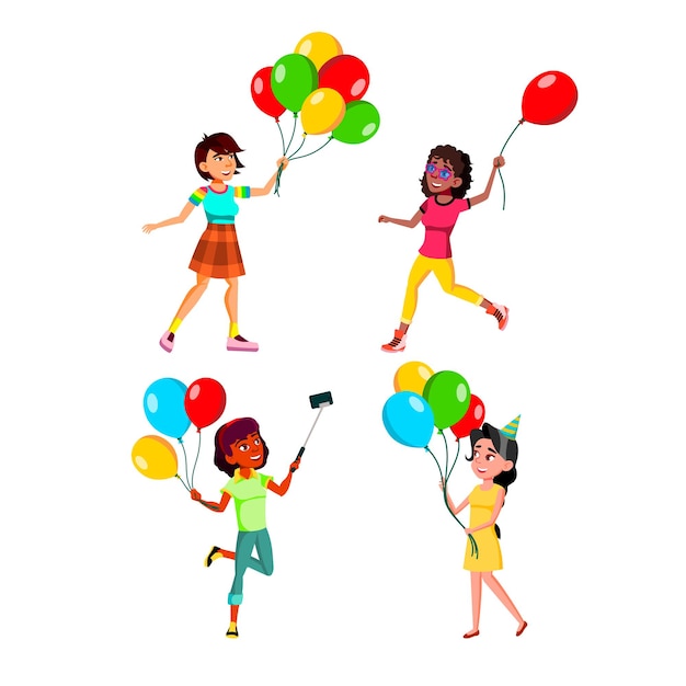 Conjunto de niñas adolescentes caminando con globos de aire