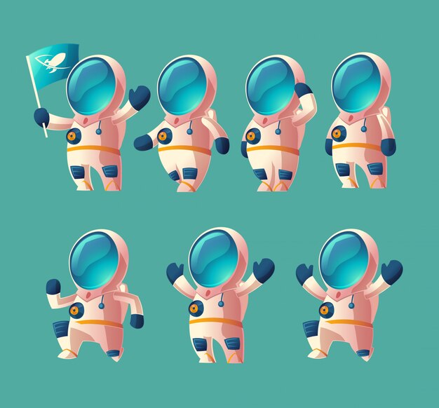 conjunto de niño de astronauta de dibujos animados, cosmonauta en movimiento en traje espacial