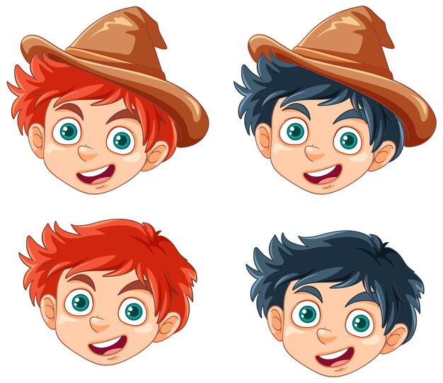 conjunto, de, niño, caricatura, cabeza, aislado