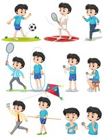Vector gratis conjunto de niño haciendo diferentes tipos de deportes.