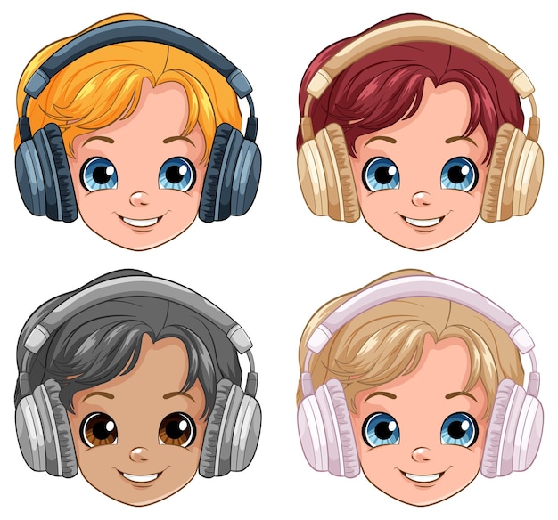 Vector gratuito conjunto, de, niño, llevando, auriculares, cabeza, sonriente